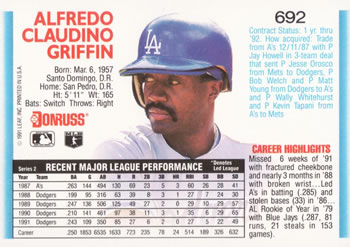 1992 Donruss #692 Alfredo Griffin Back