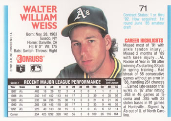 1992 Donruss #71 Walt Weiss Back