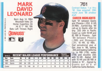 1992 Donruss #761 Mark Leonard Back