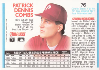 1992 Donruss #76 Pat Combs Back