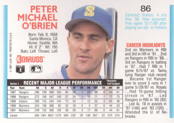 1992 Donruss #86 Pete O'Brien Back