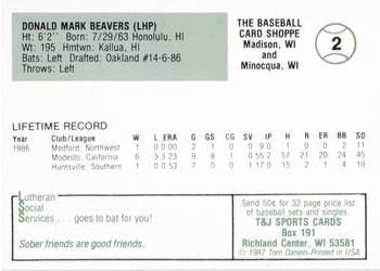 1987 Madison Muskies  #2 Mark Beavers Back