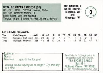 1987 Madison Muskies  #3 Ozzie Canseco Back