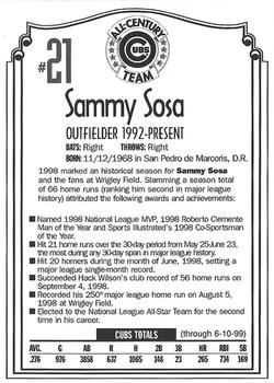 1999 Old Style Chicago Cubs All-Century Team #NNO Sammy Sosa Back