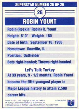 1992 Mr. Turkey Superstars #26 Robin Yount Back
