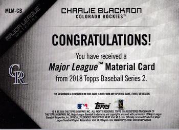 2018 Topps - Major League Material Relics (Series 2) #MLM-CB Charlie Blackmon Back