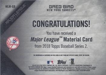 2018 Topps - Major League Material Relics (Series 2) #MLM-GB Greg Bird Back