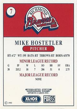 1993 Bleacher Bums Richmond Braves #7 Mike Hostetler Back