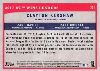 2018 Topps Big League - Blue #321 2017 NL Wins Leaders (Clayton Kershaw / Zach Davies / Zack Greinke) Back