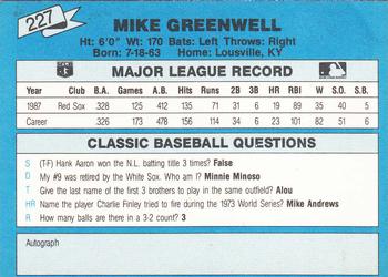 1988 Classic Blue #227 Mike Greenwell Back