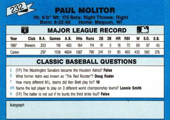 1988 Classic Blue #232 Paul Molitor Back