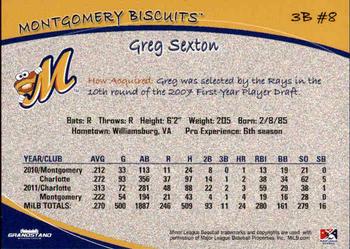 2012 Grandstand Montgomery Biscuits #20 Greg Sexton Back