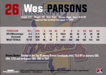 2018 Grandstand Mississippi Braves #NNO Wes Parsons Back