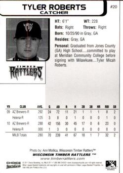 2011 Choice Wisconsin Timber Rattlers #20 Tyler Roberts Back