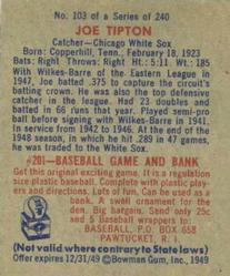 1949 Bowman #103 Joe Tipton Back