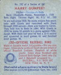 1949 Bowman #192 Harry Gumbert Back