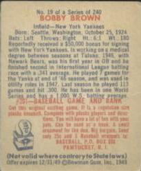 1949 Bowman #19 Bobby Brown Back