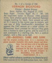 1949 Bowman #1 Vernon Bickford Back