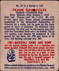 1949 Bowman #21 Frank Baumholtz Back