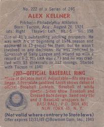 1949 Bowman #222 Alex Kellner Back