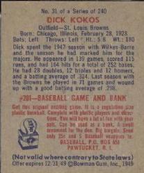 1949 Bowman #31 Dick Kokos Back