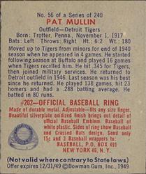 1949 Bowman #56 Pat Mullin Back