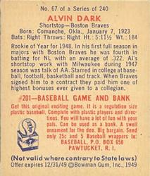 1949 Bowman #67 Alvin Dark Back