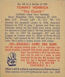 1949 Bowman #69 Tommy Henrich Back