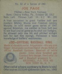 1949 Bowman #82 Joe Page Back
