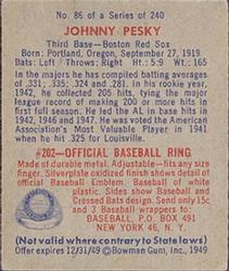 1949 Bowman #86 Johnny Pesky Back