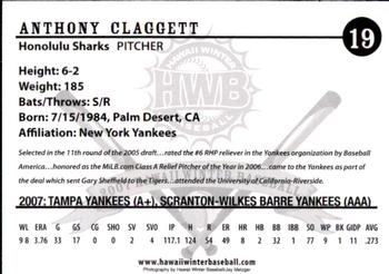 2007 Honolulu Sharks #NNO Anthony Claggett Back