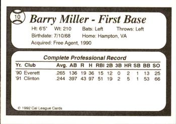 1992 Cal League All-Stars #10 Barry Miller Back