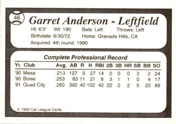 1992 Cal League All-Stars #46 Garret Anderson Back