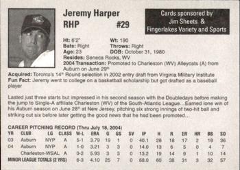 2004 Auburn Doubledays #11 Jeremy Harper Back