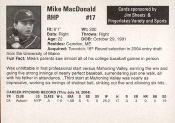 2004 Auburn Doubledays #23 Mike MacDonald Back