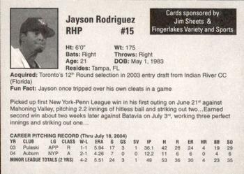 2004 Auburn Doubledays #36 Jayson Rodriguez Back