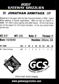 2007 Gateway Grizzlies #2 Jonathan Armitage Back