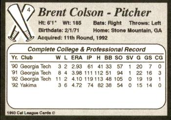 1993 Cal League Bakersfield Dodgers #4 Brent Colson Back