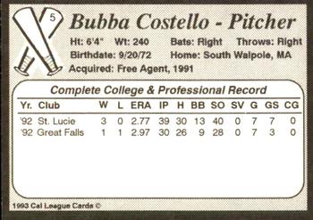 1993 Cal League Bakersfield Dodgers #5 Bubba Costello Back