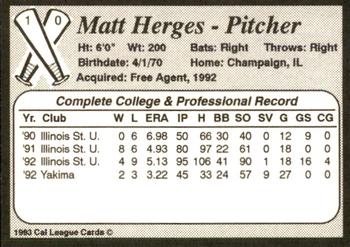 1993 Cal League Bakersfield Dodgers #10 Matt Herges Back