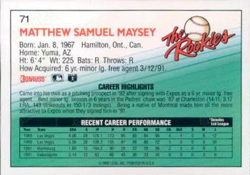 1992 Donruss The Rookies #71 Matt Maysey Back