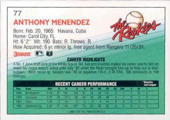 1992 Donruss The Rookies #77 Tony Menendez Back