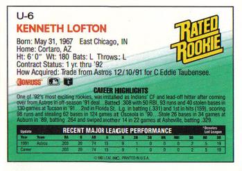 1992 Donruss - Update #U-6 Kenny Lofton  Back