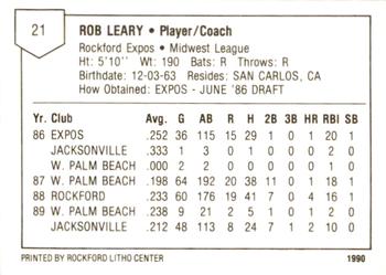 1990 Litho Center Rockford Expos #15 Rob Leary Back