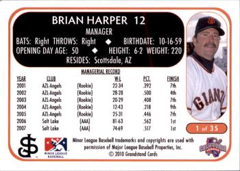 2010 Grandstand San Jose Giants #1 Brian Harper Back