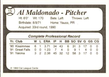 1992 Cal League Bakersfield Dodgers #15 Al Maldonado Back