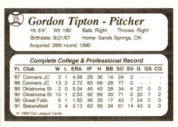 1992 Cal League Bakersfield Dodgers #25 Gordon Tipton Back