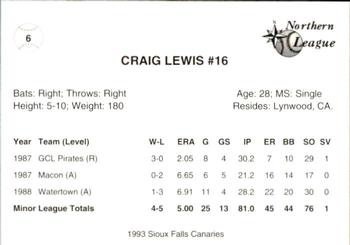 1993 Sioux Falls Canaries #6 Craig Lewis Back
