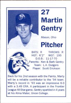 1994 Chillicothe Paints #9 Martin Gentry Back