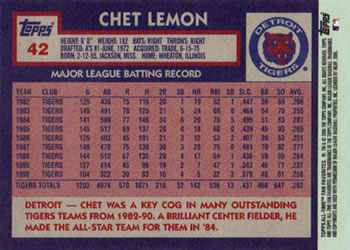 2005 Topps All-Time Fan Favorites #42 Chet Lemon Back